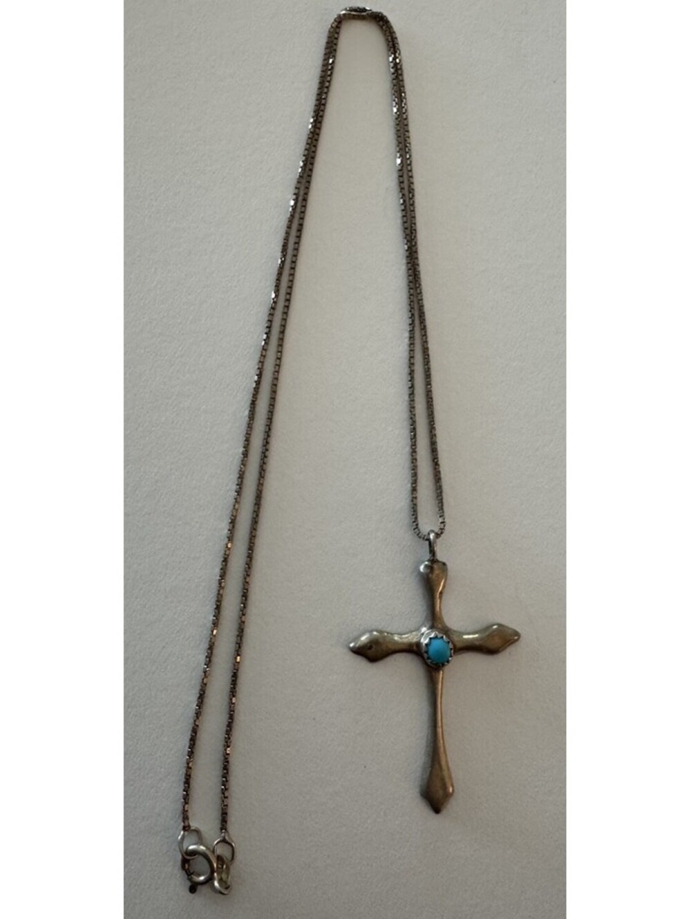 Vintage Cross Pendant Turquoise Stone 925 Italy Sterling Silver Chain 20”